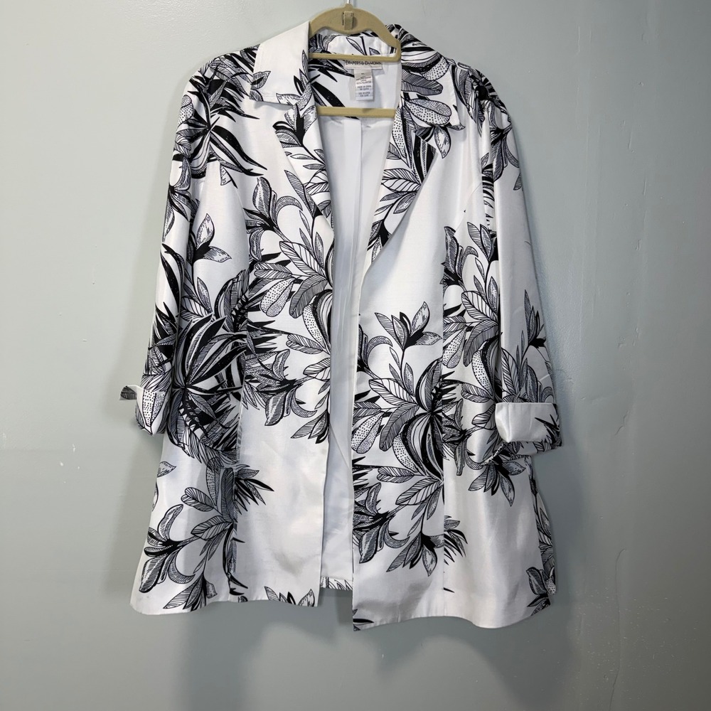 Drapers & Damons Vintage White Black Floral Tropical Open Front Blazer XL
